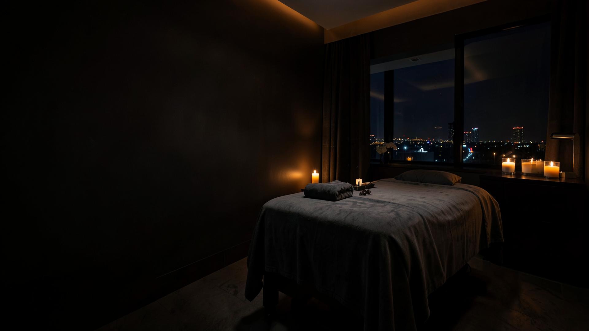 Candlelit massage room overlooking Las Vegas